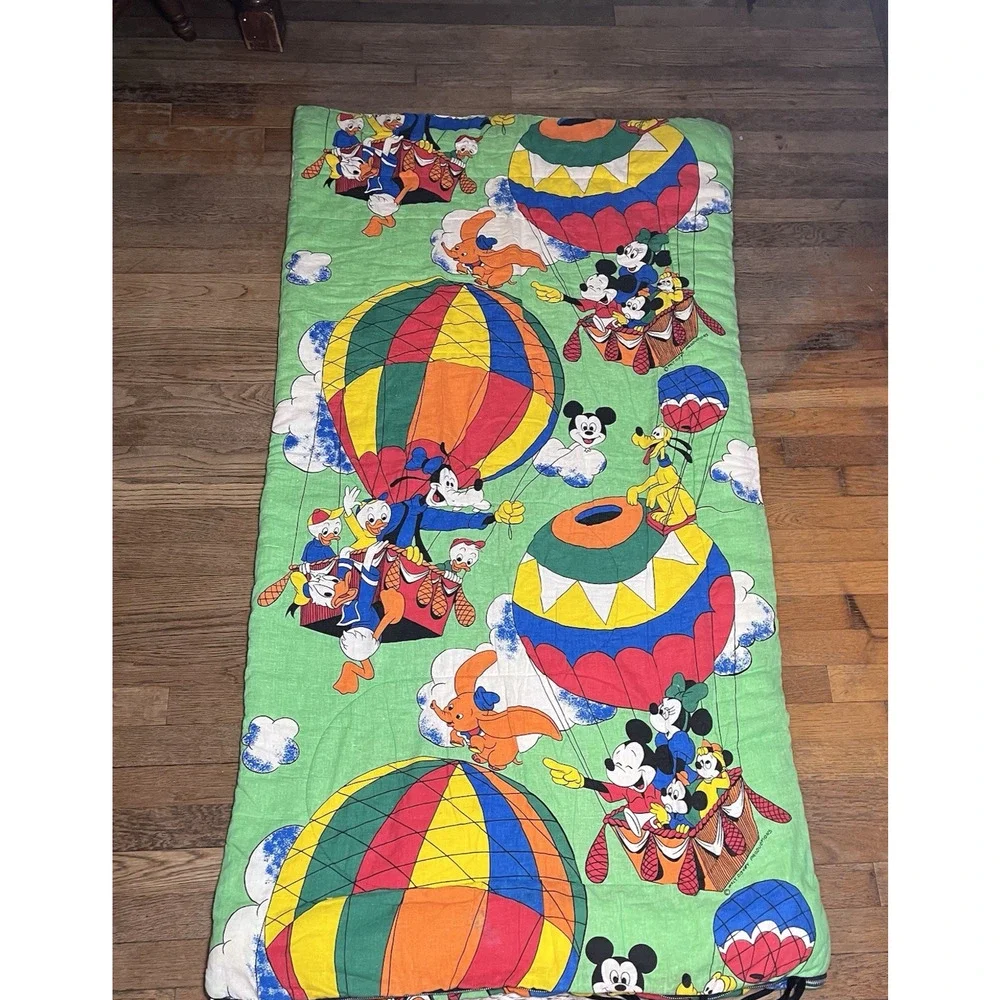 Vintage Disney Sleeping Bag Mickey Minnie Mouse Goofy Hot Air Balloon 32x60